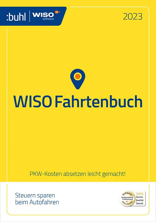 Gelber Hintergrund mit Schrift. Es handelt sich um das WISO Fahrtenbuch von Buhl Data.