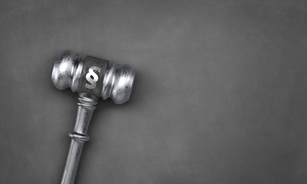Ein Richterhammer mit einem Paragraphenzeichen auf dem Kopf liegt auf einem einheitlich grauen Hintergrund. Das Bild vermittelt ein Gefühl von Autorität und Recht, möglicherweise im Kontext von Gesetzesänderungen oder juristischen Entscheidungen.