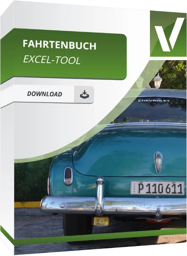 Ein Cover-Bild eines Produktes, mit der Beschriftung, Fahrtenbuch Excel-Tool zum Download. Ein blaues Auto in einer Einfahrt unterstreicht den Inhalt der Beschreibung.