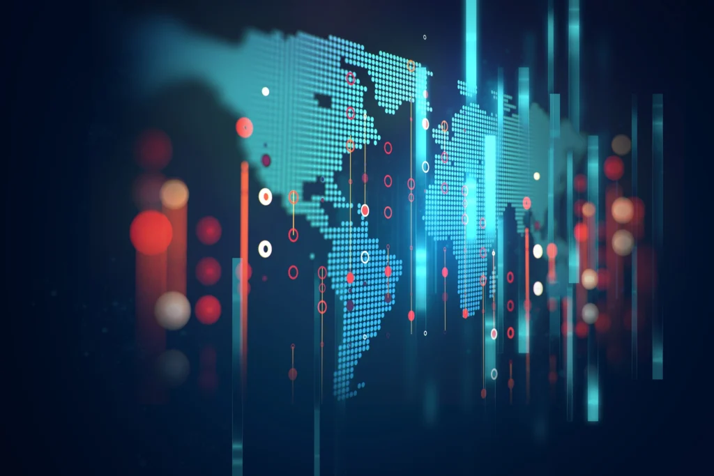 Digitale Weltkarte mit Datenpunkten, symbolisiert Weltwirtschaft und Big-Tech.