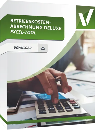 Eine Produktbox mit Taschenrechner im Hintergrund, mit dem Text Betriebskostenabrechnung Deluxe Excel-Tool, mit Download-Button.