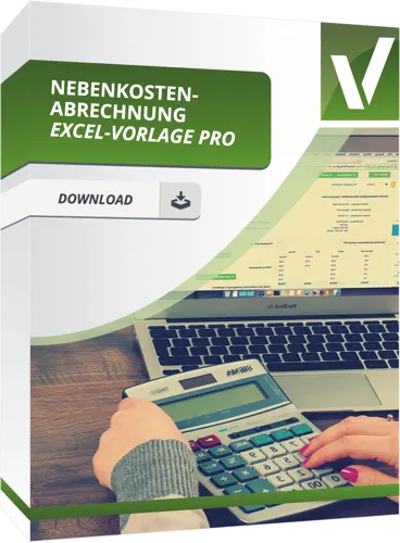 Eine Produktbox mit Taschenrechner und Laptop im Hintergrund, mit dem Text Nebenkostenabrechnung Excel-Vorlage Pro, mit Download-Button.