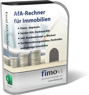 Produktbox mit dem Text Afa-Rechner für Immobilien, mit einem kleinen Haus und Münzgeld im Bild.