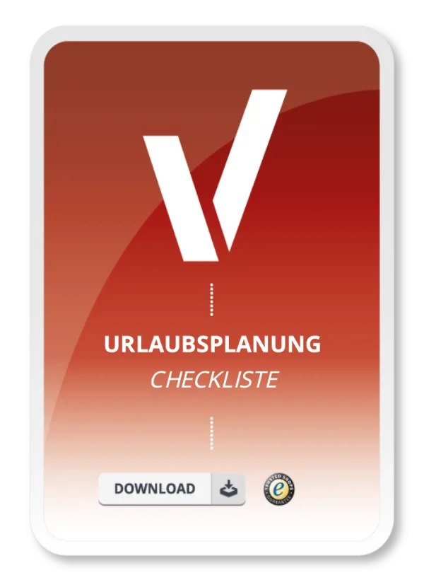 Produktbild in rot mit Text Urlaubsplanung Checkliste zum Download.