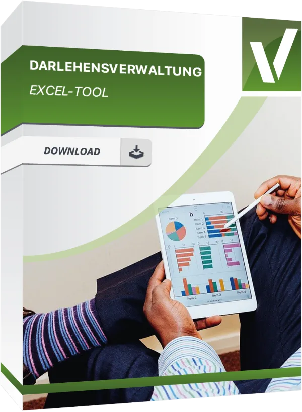 Produktbox mit dem Text Darlehensverwaltung Excel-Tool, auf dem Bild ein Mann mit Tablet der sich Statistiken anschaut.