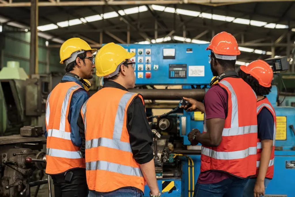 Arbeiter mit Helmen besprechen Maschinenbedienung in der Fabrik.