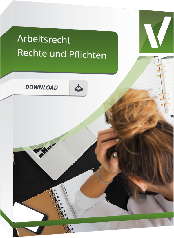 Produktbox für ein Download-Angebot mit dem Titel 'Arbeitsrecht – Rechte und Pflichten'. Im Bild ist eine Person von oben zu sehen, die an einem Schreibtisch sitzt und den Kopf in die Hände stützt.