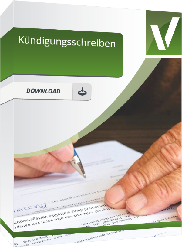 Produktbox eines Downloads für 'Kündigungsschreiben' mit einem grünen Banner und Download-Symbol. Im Hintergrund signiert eine Person sorgfältig ein offizielles Dokument, was darauf hinweist, dass die Vorlage für die Formulierung eines professionellen Kündigungsschreibens genutzt werden kann.