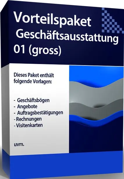 Verpackung eines 'Vorteilspaket Geschäftsausstattung, das professionelle Vorlagen für Geschäftsdokumente enthält. Auf der Box sind Beispiele für den Inhalt aufgelistet, darunter Geschäftsbögen, Angebote, Auftragsbestätigungen, Rechnungen und Visitenkarten, wobei darauf hingewiesen wird, dass noch mehr enthalten ist.