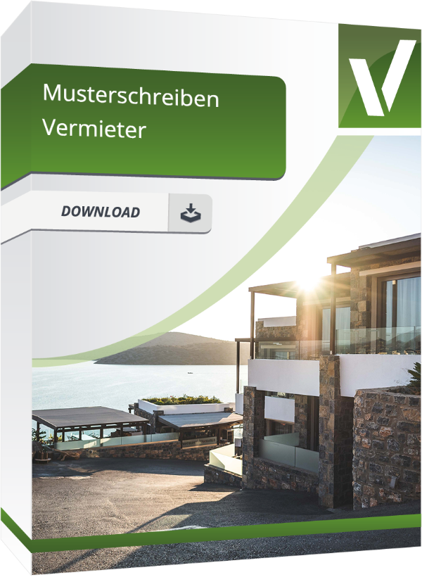 Eine Produktbox mit Haus im Hintergrund, mit dem Text Musterschreiben Vermieter, mit Download-Button.