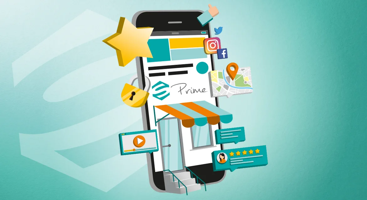 Illustration eines Smartphones mit verschiedenen Online-Marketing-Tools und Symbolen.