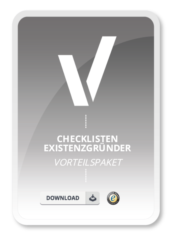 "Checklisten Existenzgründer Vorteilspaket" auf grauem Hintergrund, darunter ein Download-Button und ein Gütesiegel.