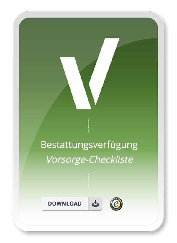 Produktbild in grün mit Text Bestattungsverfügung Vorsorge-Checkliste zum Sofort-Download.