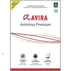 Produktverpackung von Avira Antivirus Premium 2013 für 1 PC, mit Symbolen für Schutz, Android und Extra-Features.