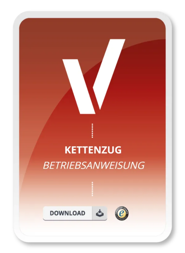 Produktbild in rot mit Text Kettenzug Betriebsanweisung.