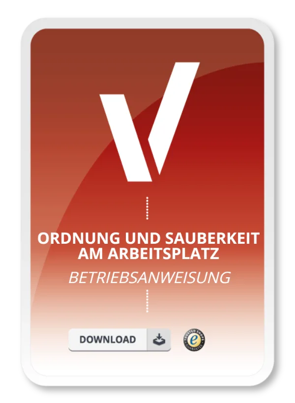 Produktbild in rot mit Text Ordnung und Sauberkeit am Arbeitsplatz Betriebsanweisung.