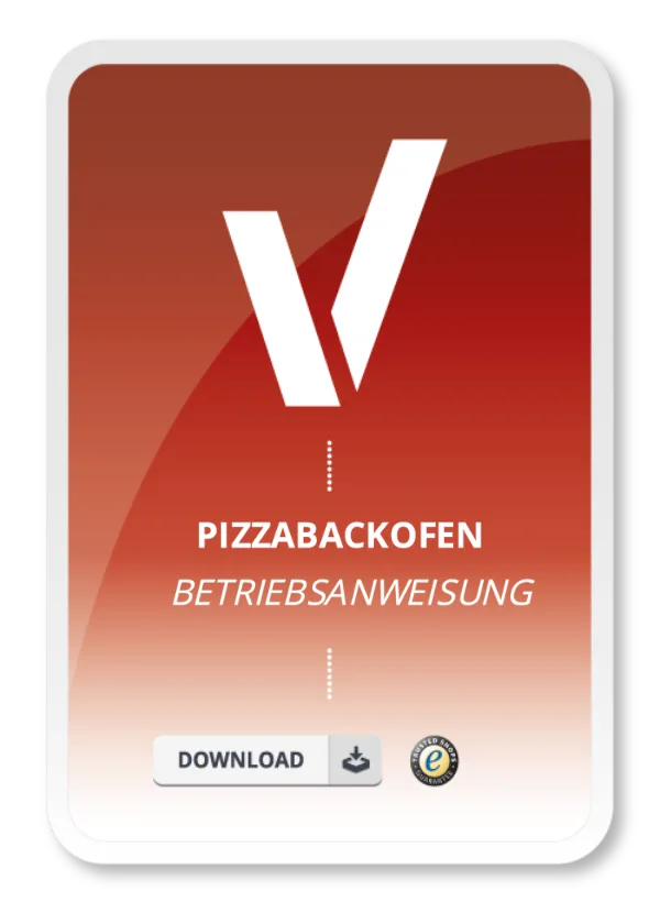 Produktbild in rot mit Text Pizzabackofen Betriebsanweisung.