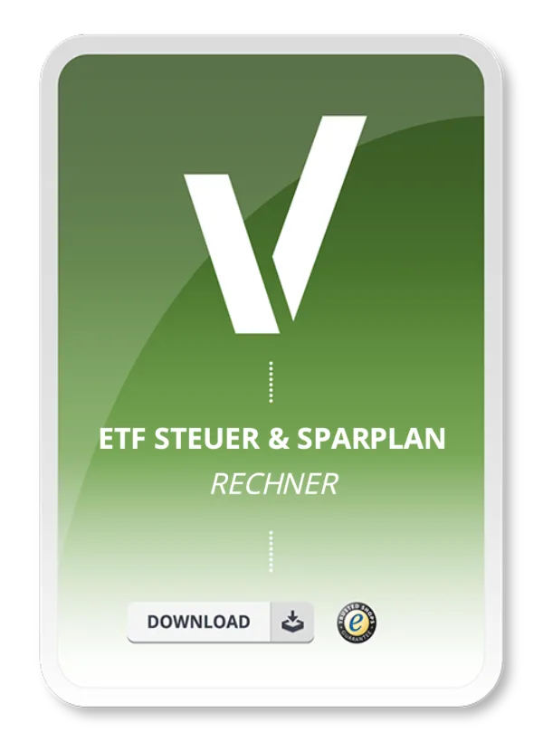 Produktgrafik mit „ETF Steuer & Sparplan – Rechner“ und Download-Button auf grünem Hintergrund.